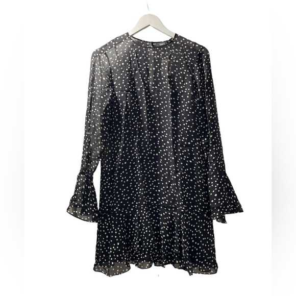 NWT Theory Marah Stat-print Black Sheer Long Bell Sleeve Silk Dress 2 MSRP: $395 - Picture 3 of 16